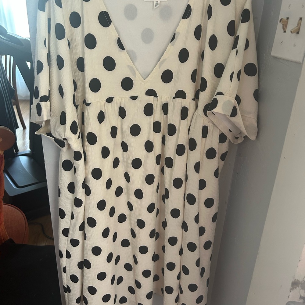 Polka Dot V-Neck Midi Dress - Black on Cream